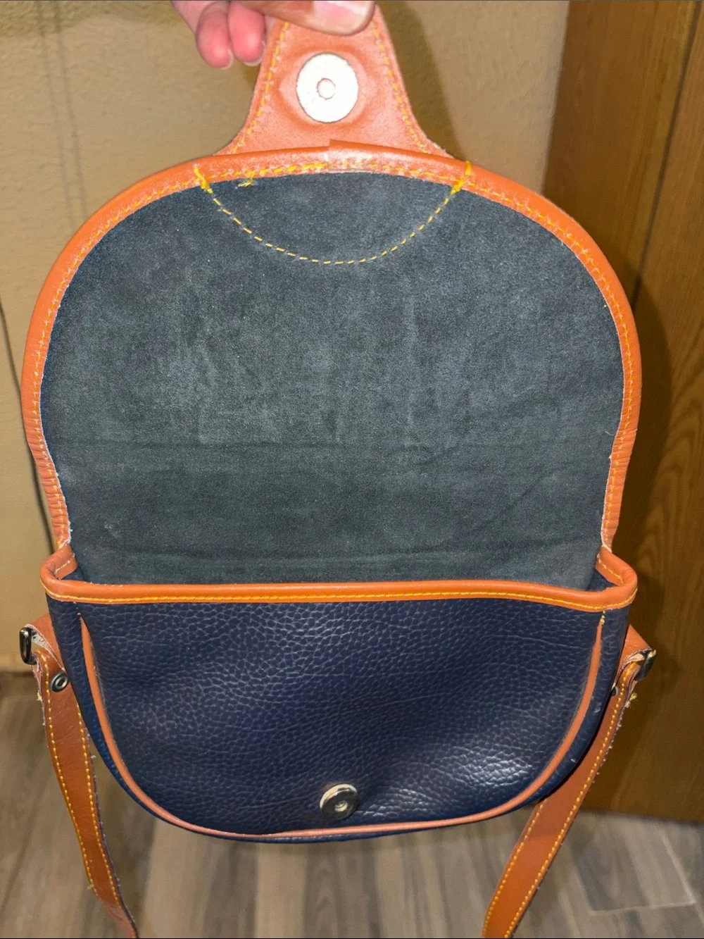 Dooney & Bourke Navy Pebble Leather Crossbody with Tan Trim and Strap